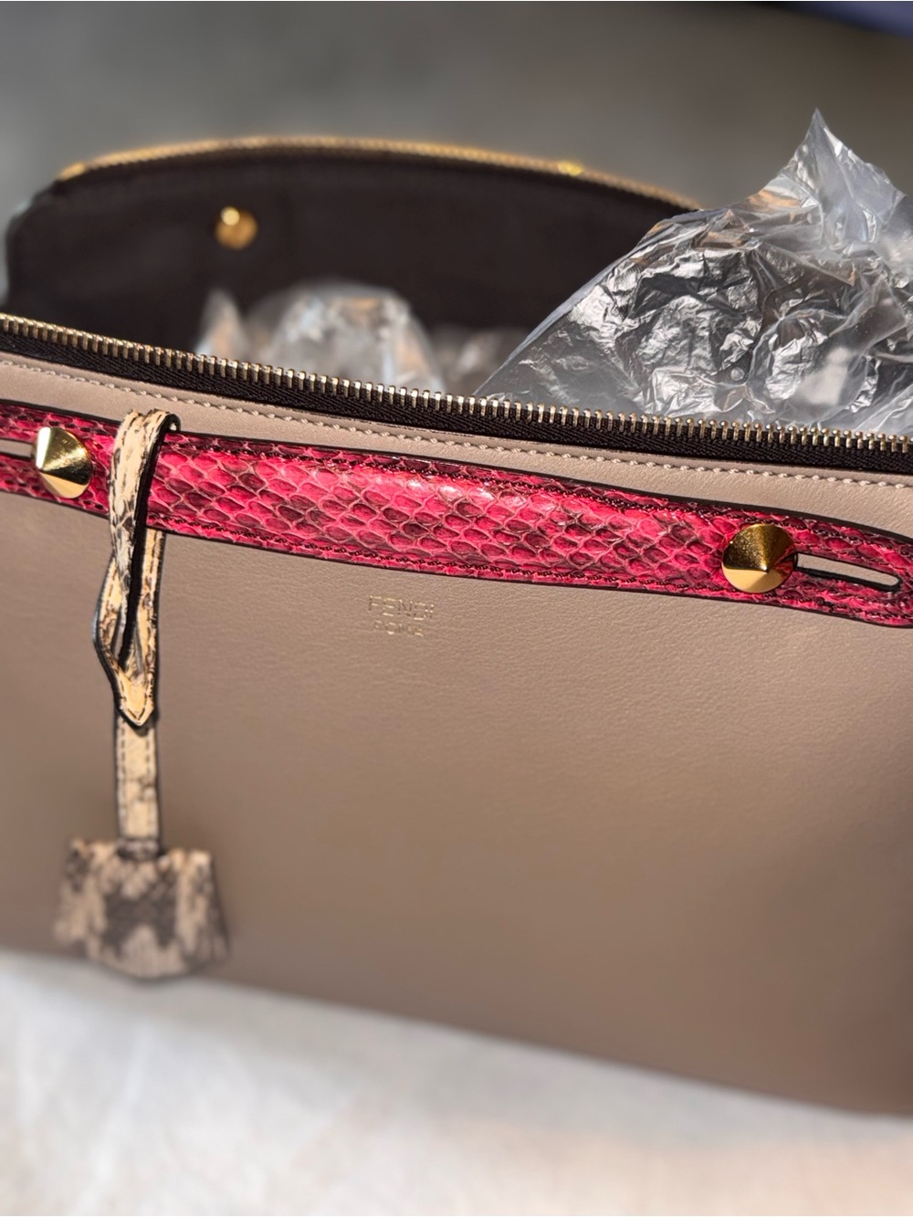 Fendi Taupe BY THE WAY BAG with Pink PYTHON Handles and Beige PYTHON Clochette - Picture 8 of 10